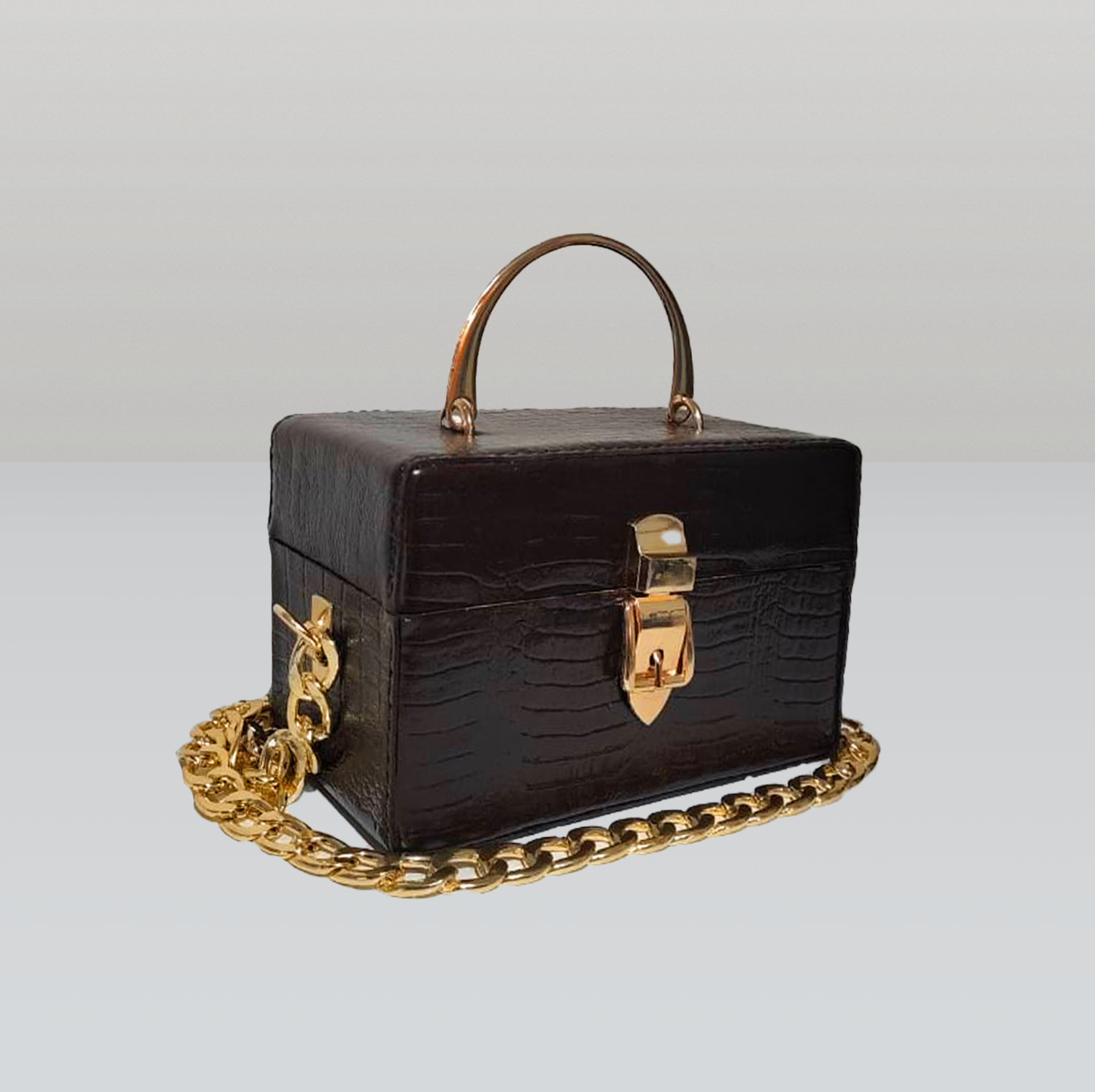 Dark Brown Box Bag with Gold Accessories – Rado Fashion Store