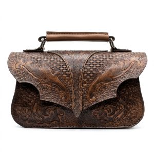 "Heritage Bloom" Hand-Carved Genuine Leather Satchel - Vintage Gradient Brown