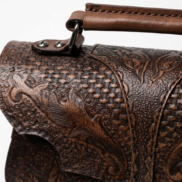 "Heritage Bloom" Hand-Carved Genuine Leather Satchel - Vintage Gradient Brown
