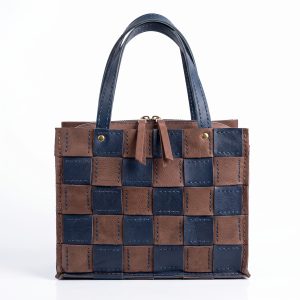 Elegant Brown and Navy Blue Woven Leather Checkerboard Tote Bag