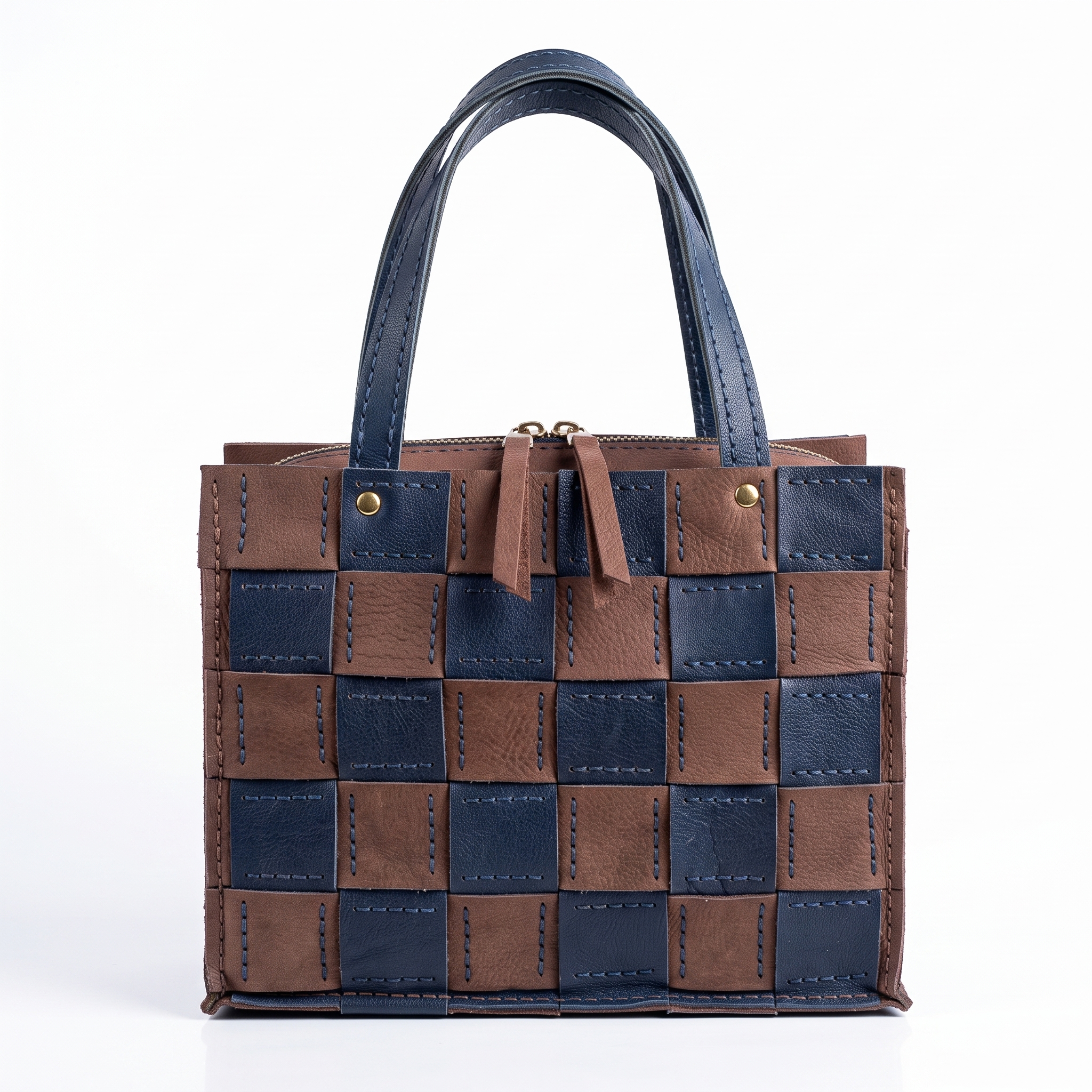Elegant Brown and Navy Blue Woven Leather Checkerboard Tote Bag