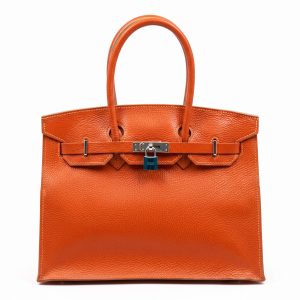Luxurious Orange Pebbled Leather Top Handle Tote Bag