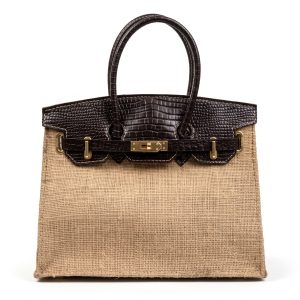 Elegant Natural Woven Canvas and Croc-Embossed Leather Tote Bag