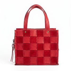 Striking Crimson Red Woven Leather Checkerboard Tote Bag