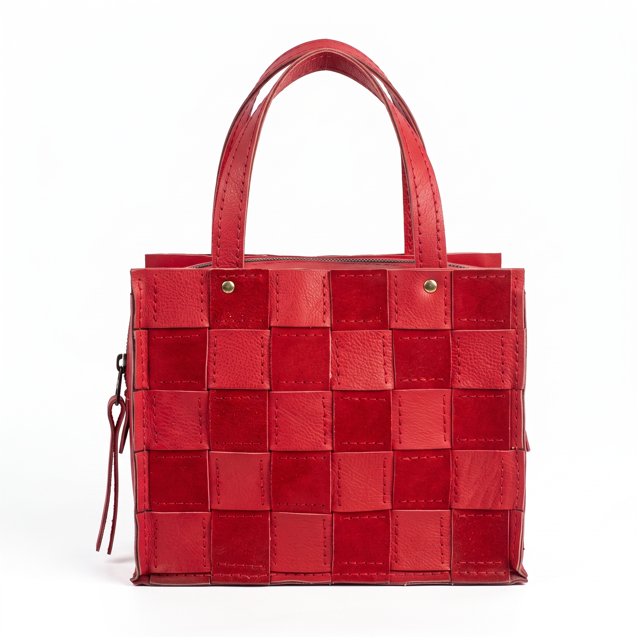 Striking Crimson Red Woven Leather Checkerboard Tote Bag