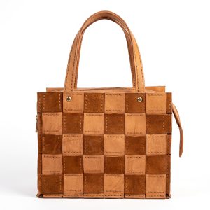 Elegant Tan and Brown Woven Leather Checkerboard Tote Bag