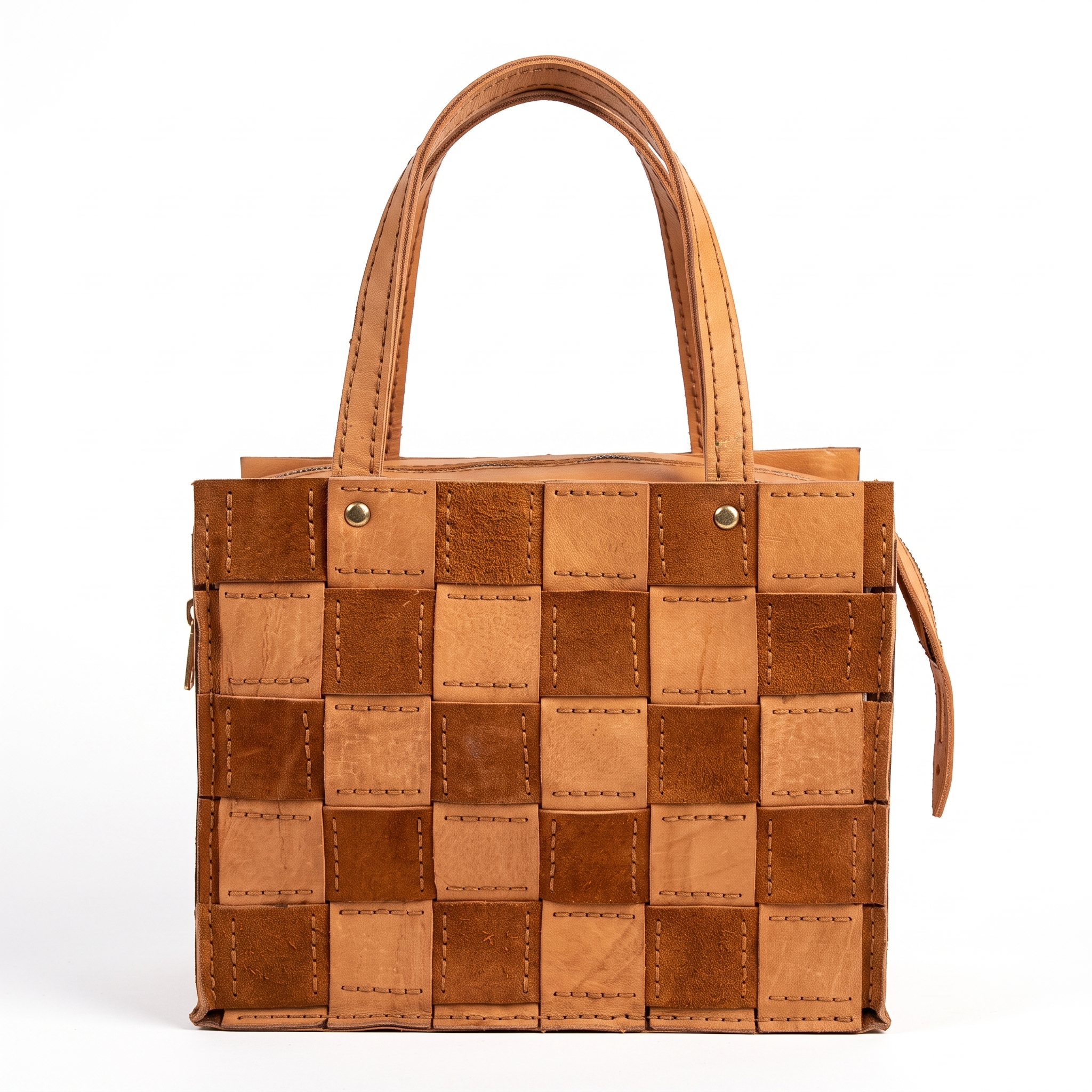 Elegant Tan and Brown Woven Leather Checkerboard Tote Bag