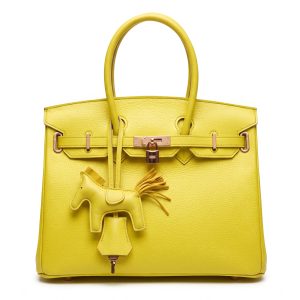 Elegant Lemon Yellow Pebbled Leather Tote Bag