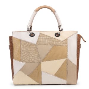 Elegant Neutral Patchwork Croc-Embossed Leather Tote Bag
