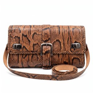 Luxurious Brown Snake Leather Clutch Crossbody Bag