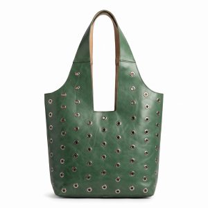 Elegant Forest Green Leather Grommet Tote Bag