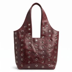 Elegant Burgundy Leather Grommet Tote Bag