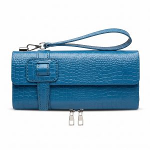 Elegant Blue Croc-Embossed Leather Wristlet Clutch