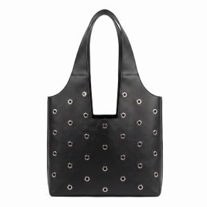 Elegant Black Leather Grommet Tote Bag