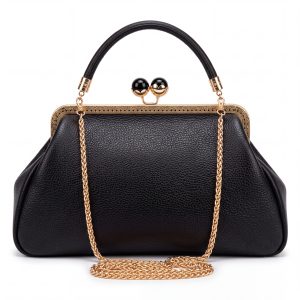 Elegant Black Pebbled Leather Vintage Frame Handbag