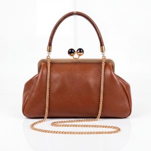Elegant Cognac Brown Pebbled Leather Vintage Frame Handbag