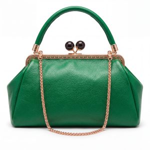 Elegant Emerald Green Pebbled Leather Vintage Frame Handbag