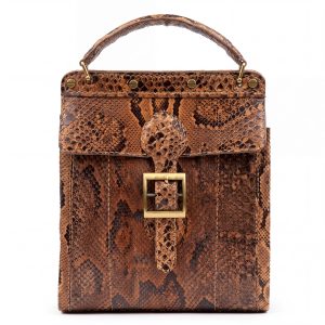 Elegant Brown Snakeskin Leather Top Handle Satchel
