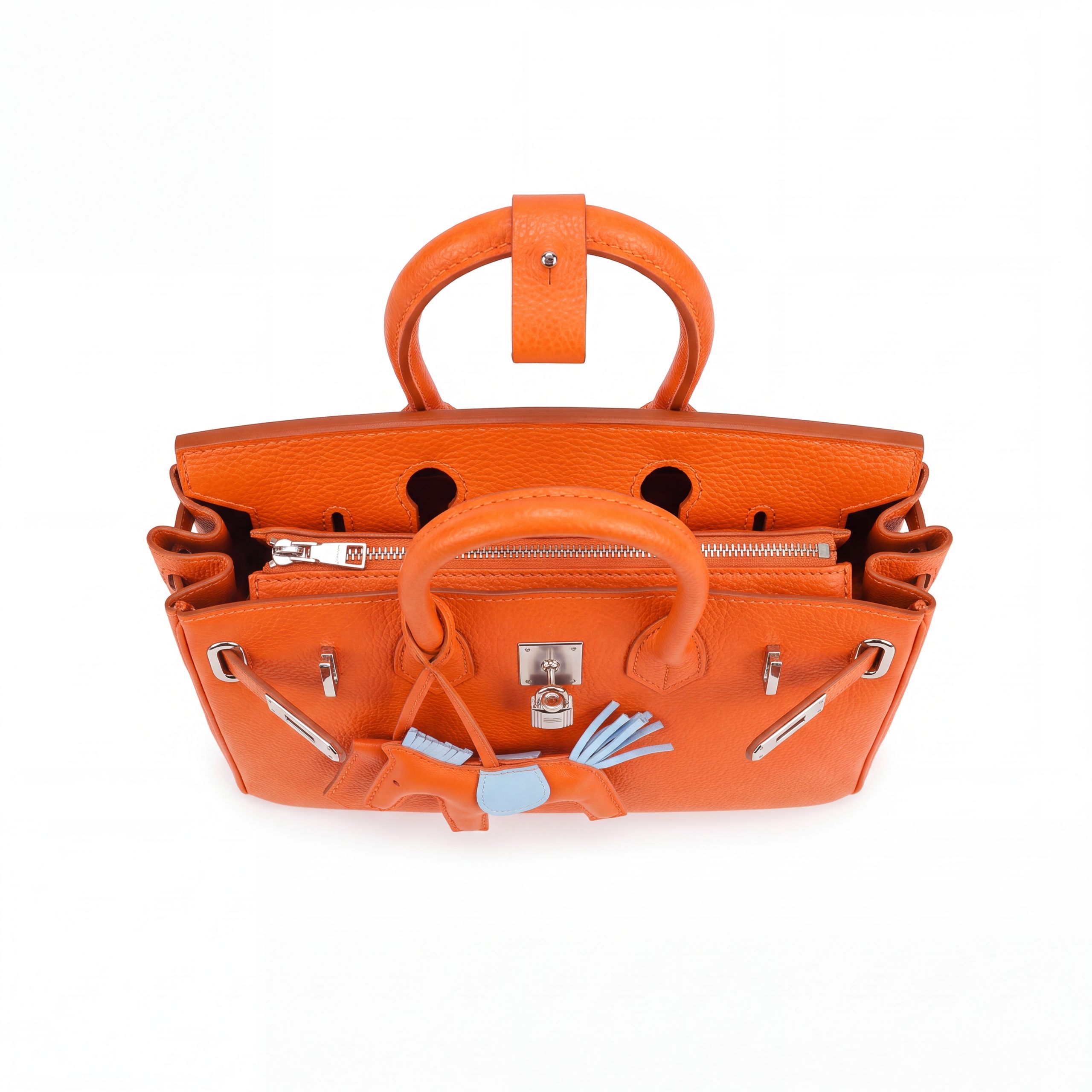 Elegant Vibrant Orange Pebbled Leather Padlock Tote Bag - Image 5